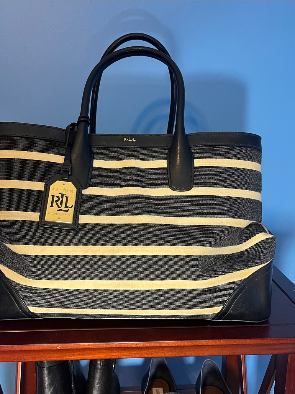 Polo by Ralph Lauren Black and Cream Striped Canvas Tote